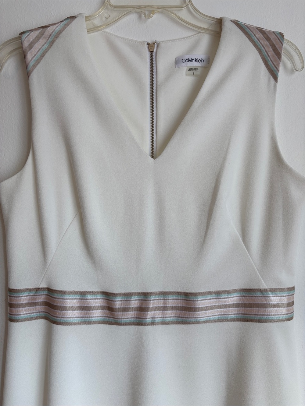 Calvin Klein Off White Midi Dress with Pink-Striped Waist & Shoulders Size 8
